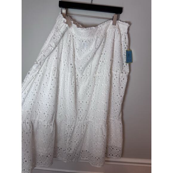 Cece Eyelet Midi A-Line Skirt Elastic Waist Lined Ivory White Women’s Plus 22W - Picture 8 of 15